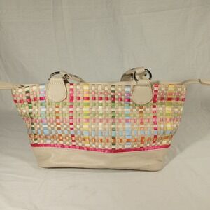 Croft & Barrow Beige & Multi-Color Woven Fabric & Pleather Handbag 2 Strap Purse